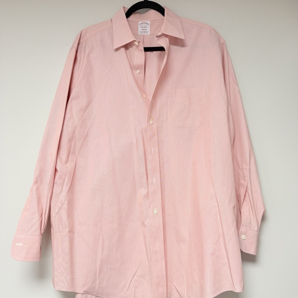 Brooks Brothers Button Front Men 17 34 Pink Excellent Madison Non-Iron Stretch